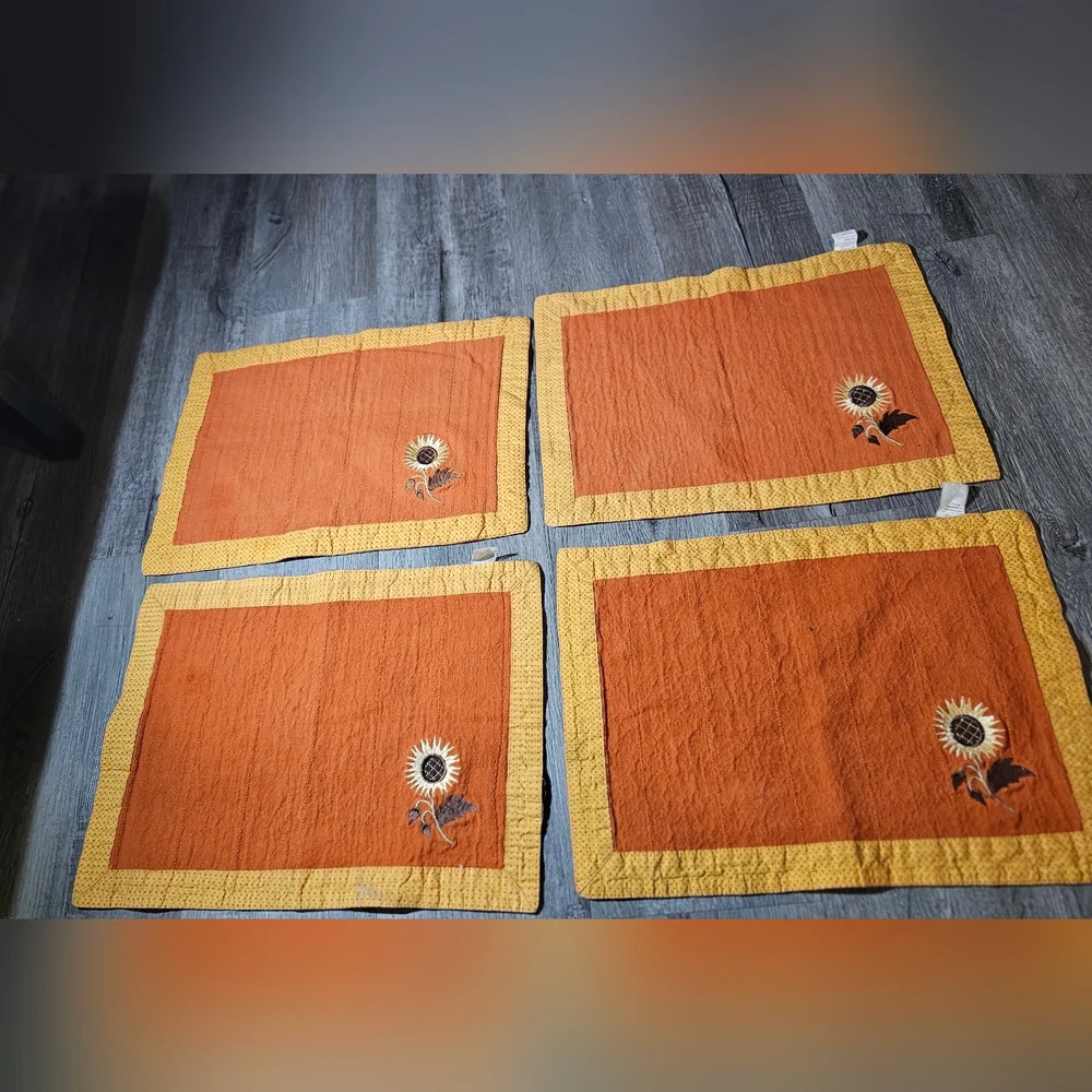 1970s Sunflower Embroidered Orange Cotton Indian Placemats